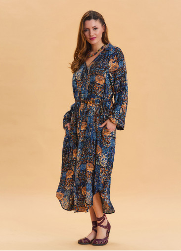 Shirt Collar Belt Detailed Blue Bohemian Dress 4451